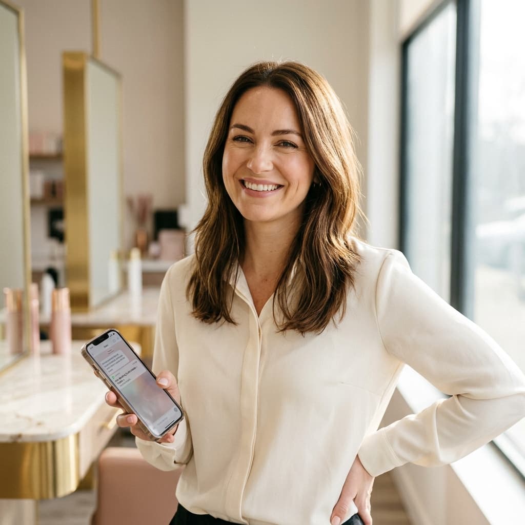 Beauty salon owner smiling, holding her phone after a booking just came in