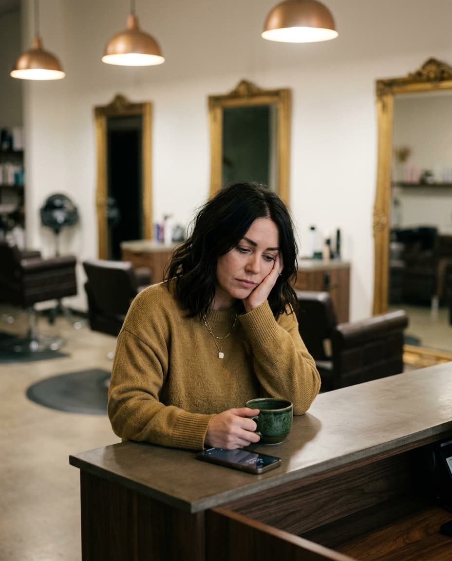 Salon owner taking a break with coffee, exhausted