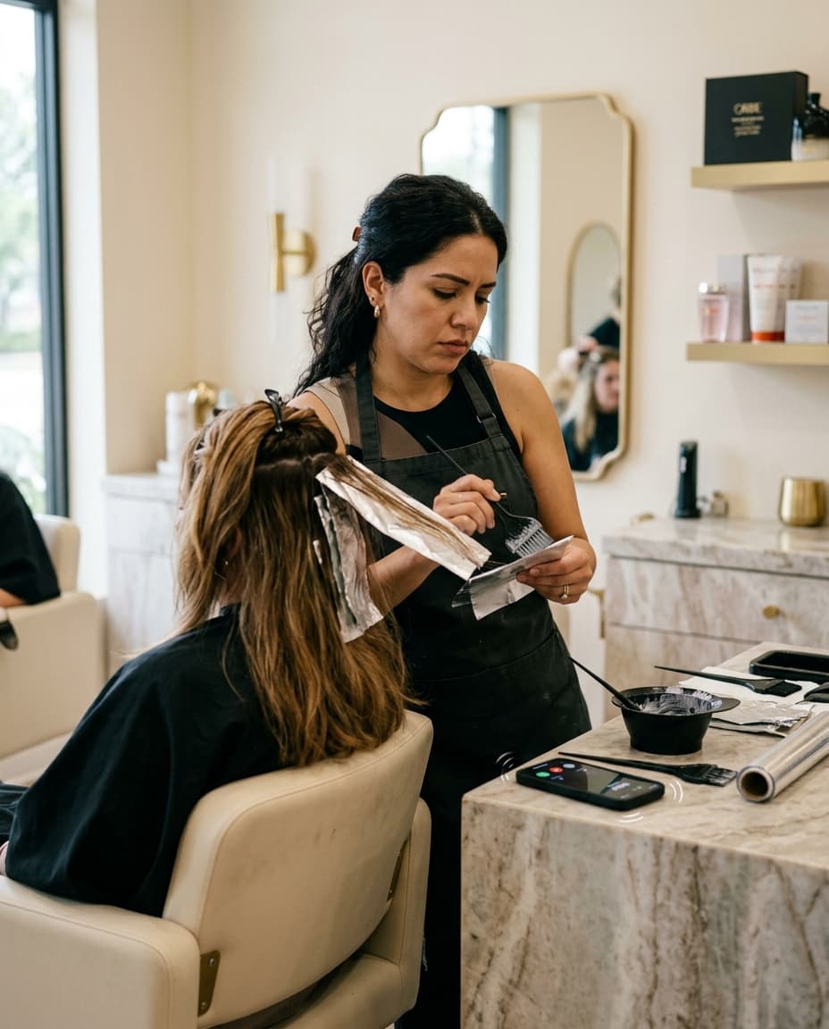 Stylist mid-color, phone buzzing on the counter