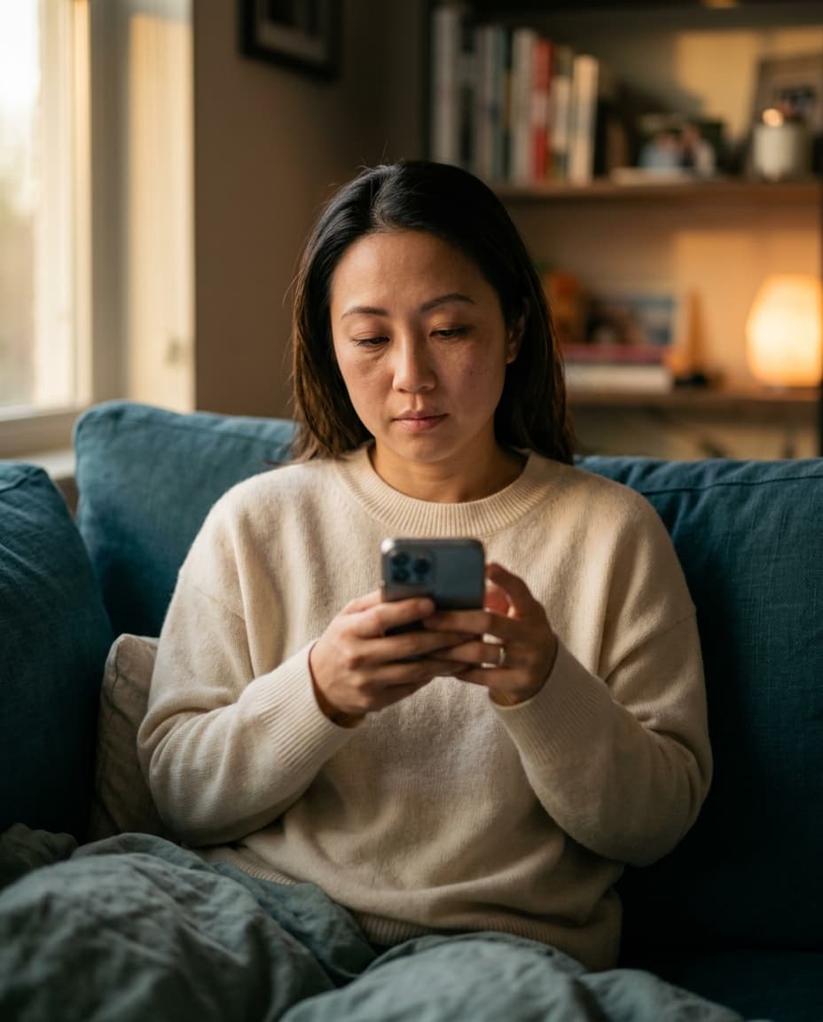 Salon owner at home in the evening with stacked Instagram DMs
